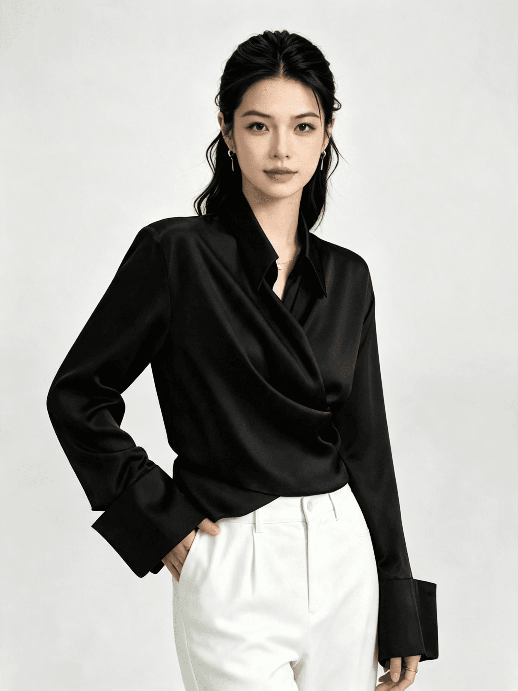 2026 가을 로얄 자매 세로 방향의 즐기십시오 실크 미끄러짐 새틴 십자가 셔츠 오픈 가디건 여성 세련된 레이스업 폴로 칼라 셔츠 작은 대중 섹션 상세 이미지 5