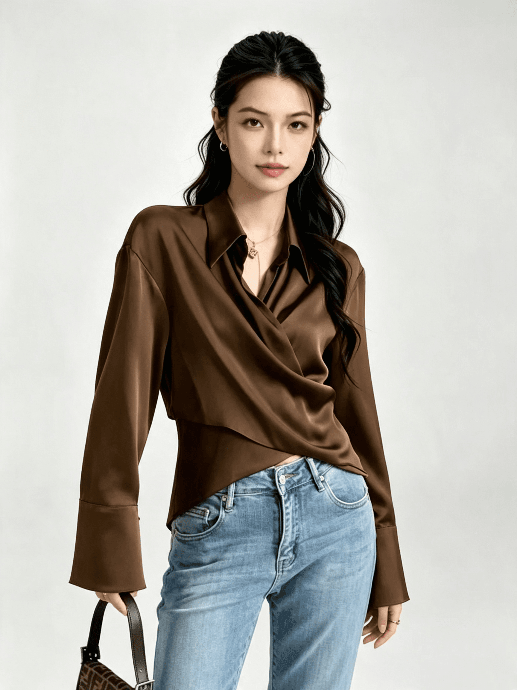 2026 가을 로얄 자매 세로 방향의 즐기십시오 실크 미끄러짐 새틴 십자가 셔츠 오픈 가디건 여성 세련된 레이스업 폴로 칼라 셔츠 작은 대중 섹션 상세 이미지 9