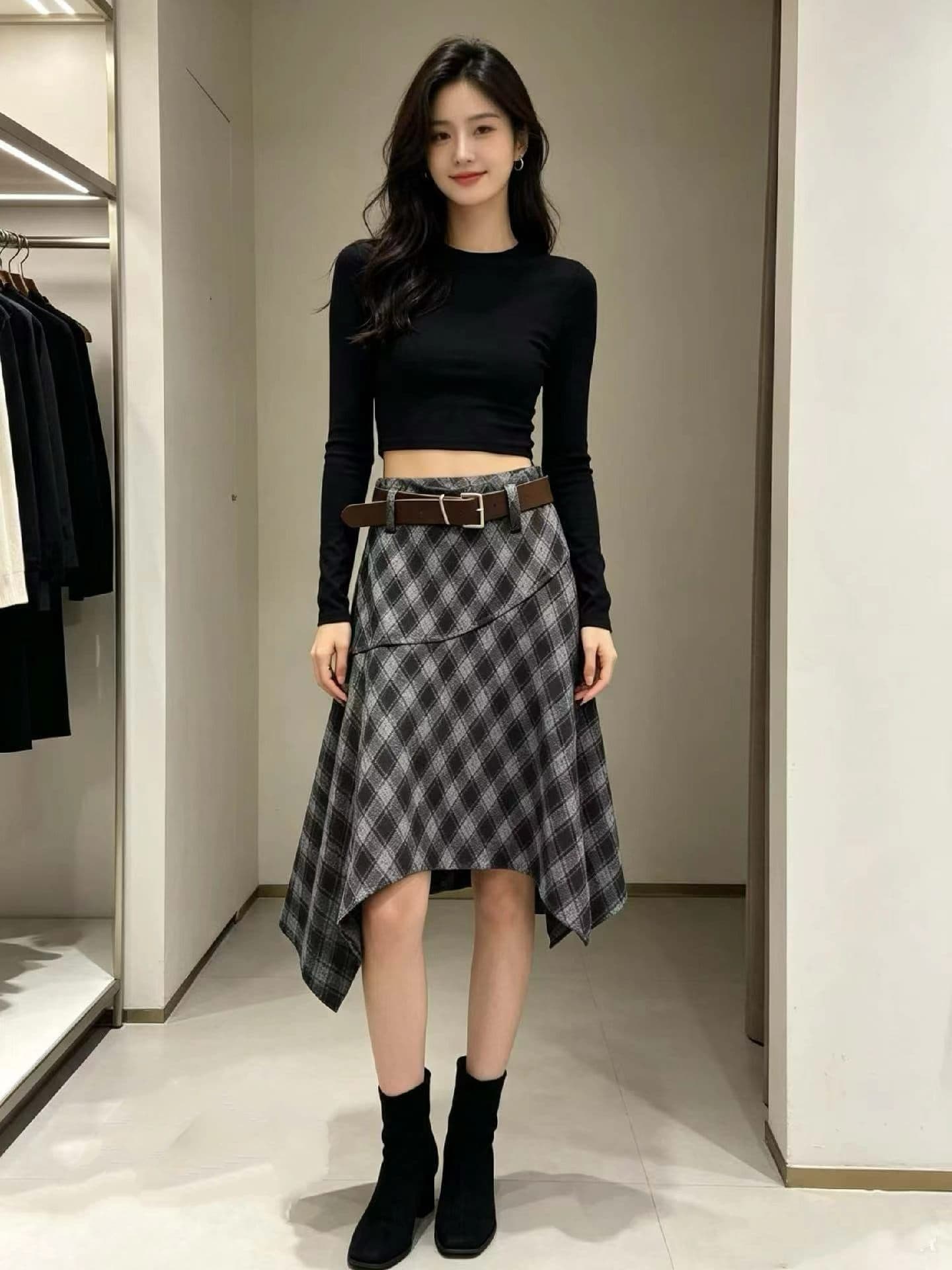 프랑스식 레트로 체크무늬 불규칙 반신 스커트 여성 2026 가을 핫걸 하이웨이스트 표지 넓적 다리 벨트 포함 중간 길이 스커트 상세 이미지 10