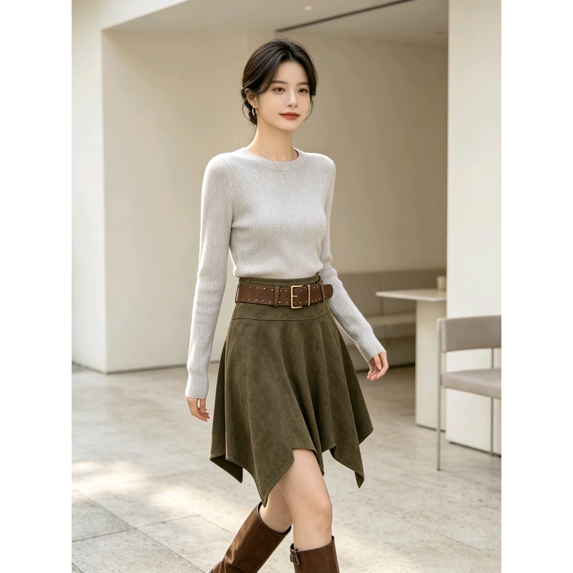 스웨이드 원단 반신 스커트 여성 이른 가을 새로운 아름다움 라드. 레트로 불규칙 한 마디 우산 치마 하이웨이스트 슬림해 보이는 미니 스커트 트렌디 이미지 5
