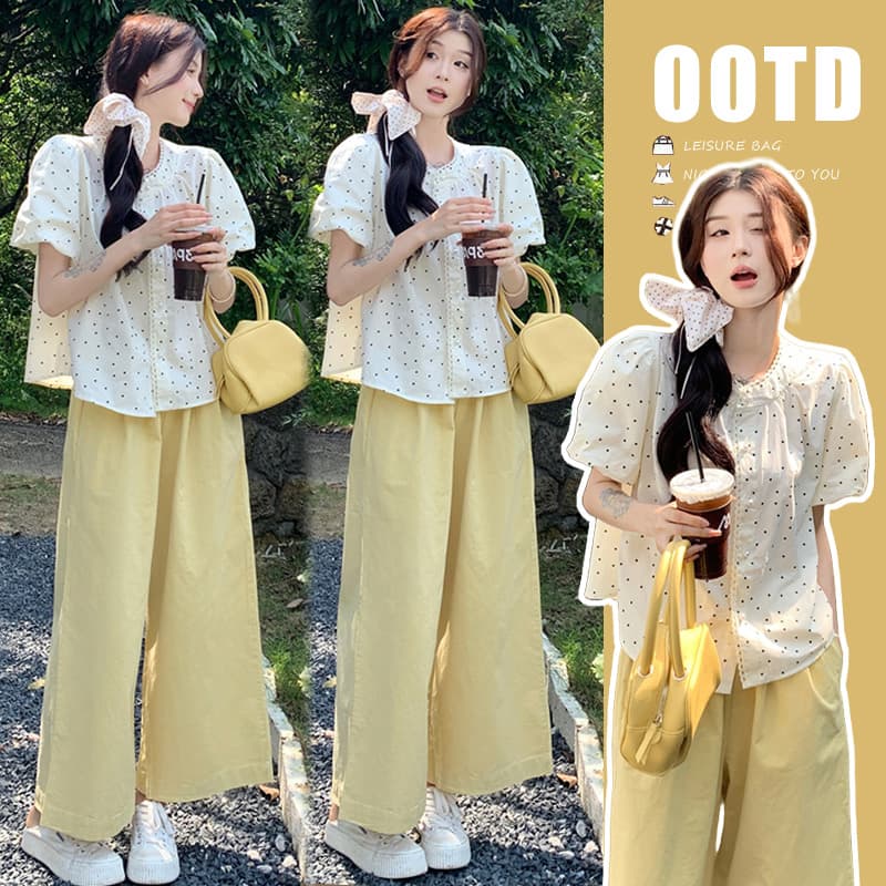 임산부 여름 드레스 세트 패션 달콤한 스타일 귀여운 도트 무늬 맨위 우유 황색 와이드 레그 팬츠 투피스 세트
