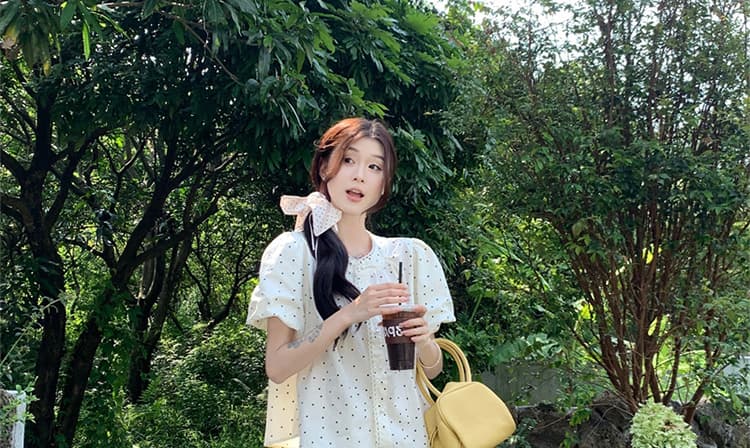 임산부 여름 드레스 세트 패션 달콤한 스타일 귀여운 도트 무늬 맨위 우유 황색 와이드 레그 팬츠 투피스 세트 상세 이미지 19