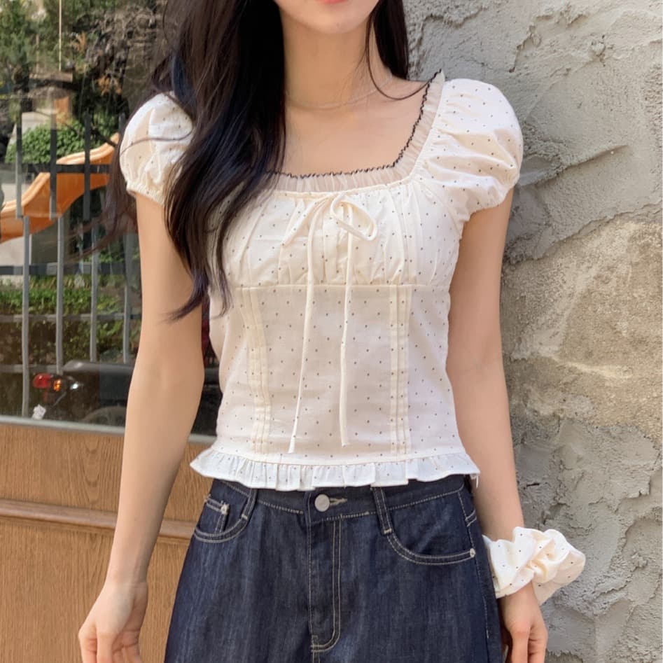 여름 달콤한 메쉬 레이스 스티칭 광장 칼라 웨이브 포인트 작은 셔츠 여자 달콤하고 매운 바람 활 슬림 퍼프 슬리브 맨위 이미지 3