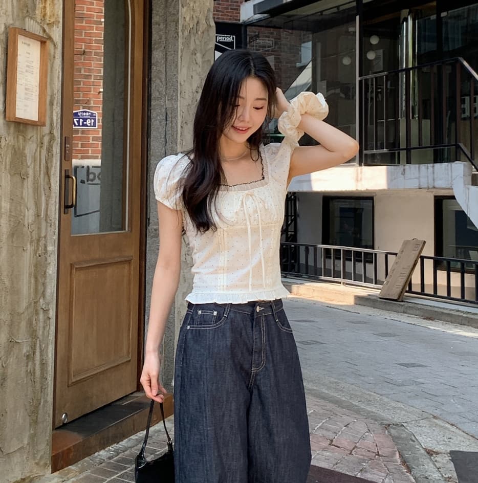 여름 달콤한 메쉬 레이스 스티칭 광장 칼라 웨이브 포인트 작은 셔츠 여자 달콤하고 매운 바람 활 슬림 퍼프 슬리브 맨위 상세 이미지 7
