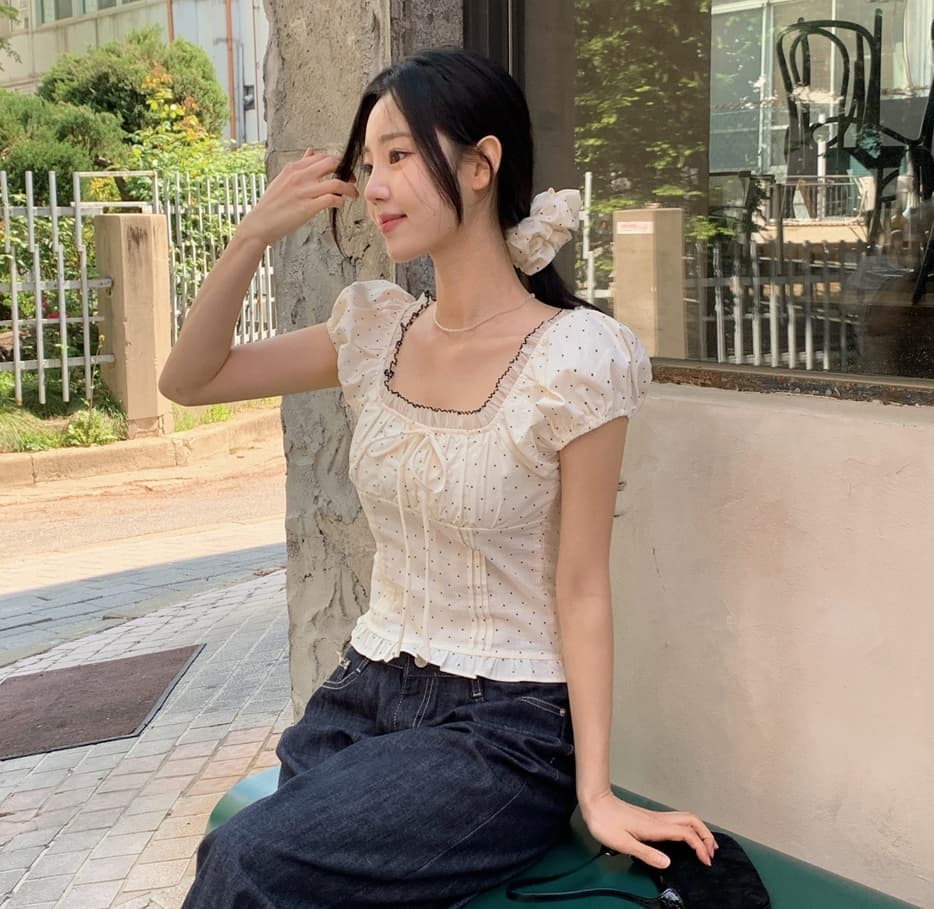 여름 달콤한 메쉬 레이스 스티칭 광장 칼라 웨이브 포인트 작은 셔츠 여자 달콤하고 매운 바람 활 슬림 퍼프 슬리브 맨위 상세 이미지 21