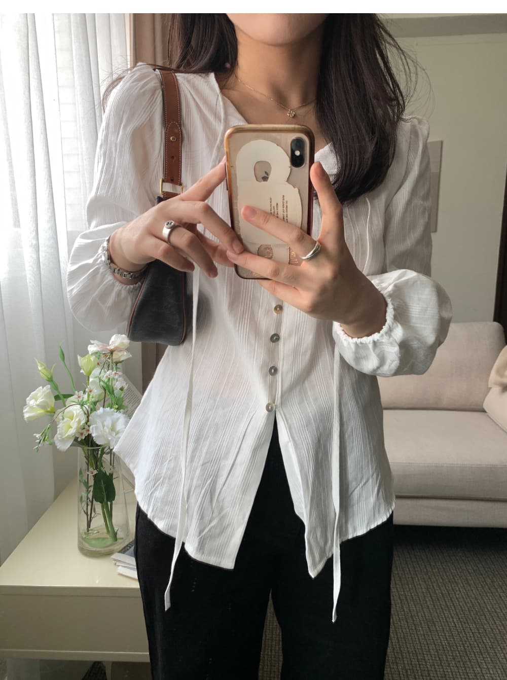 한 동대문 봄 프랑스식 부드러운 달콤함 품격 달콤함 레이스업 허리 수축 슬림해 보이는 긴팔 셔츠 맨위 여성 상세 이미지 1