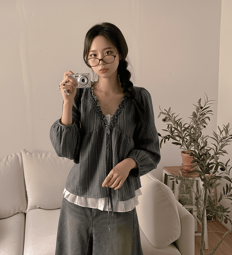 새로운 패션 부드러운 바람 스트라이프 프랑스식 레이스업 프릴 페이크 레이어드 V넥 긴팔 셔츠 맨위 여성 상세 이미지 18