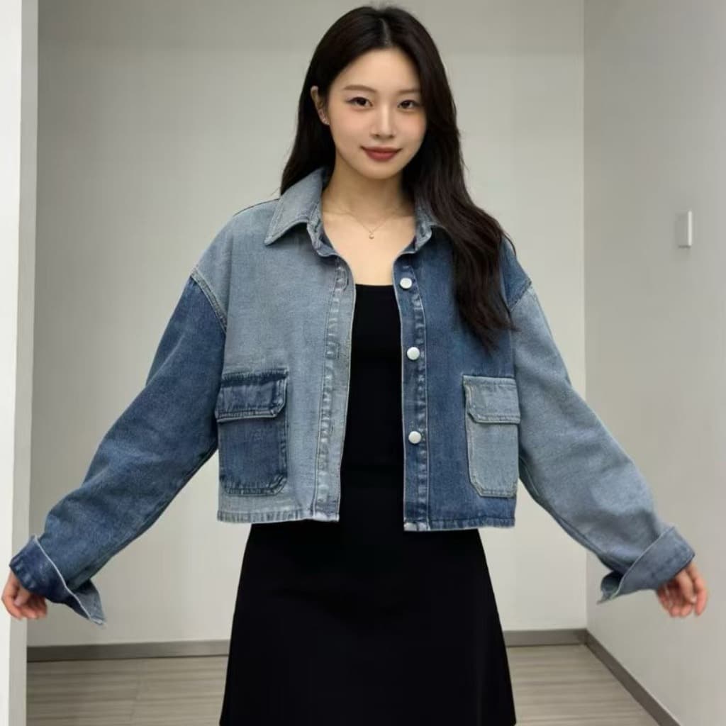 봄 한국 스타일 새로운 느슨함 센스 패치워크 배색 패치 워싱 긴팔 데님 여성 코트