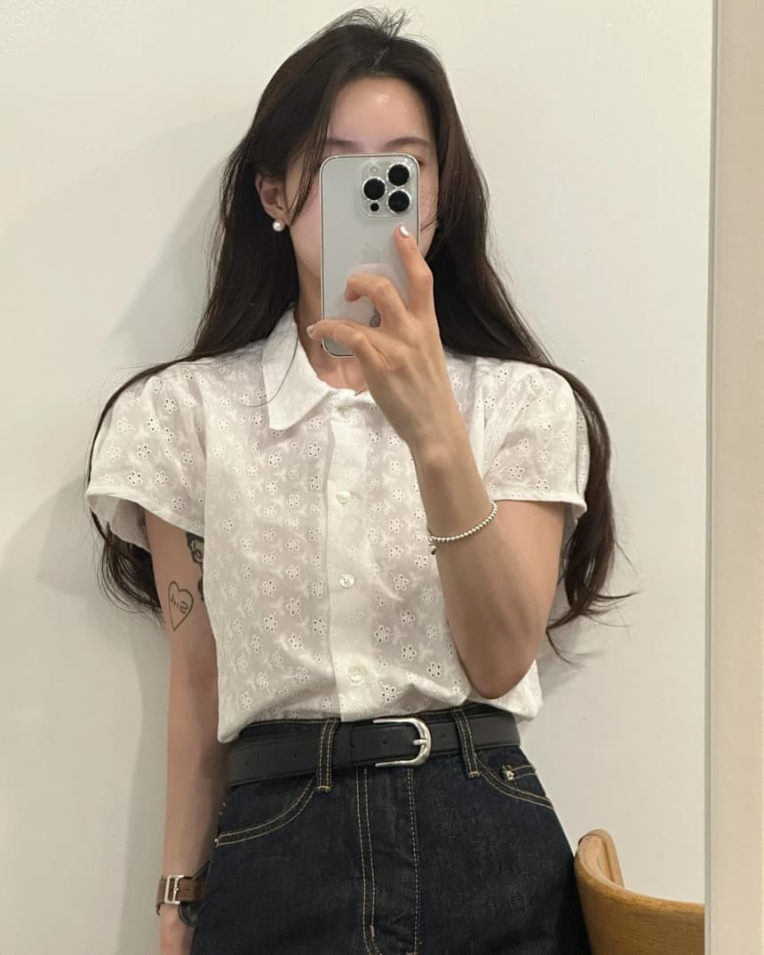 한국 여름 새로운 chic 패션 홀로우 아웃 순면 자수 자수 반팔 여성 셔츠 상세 이미지 2