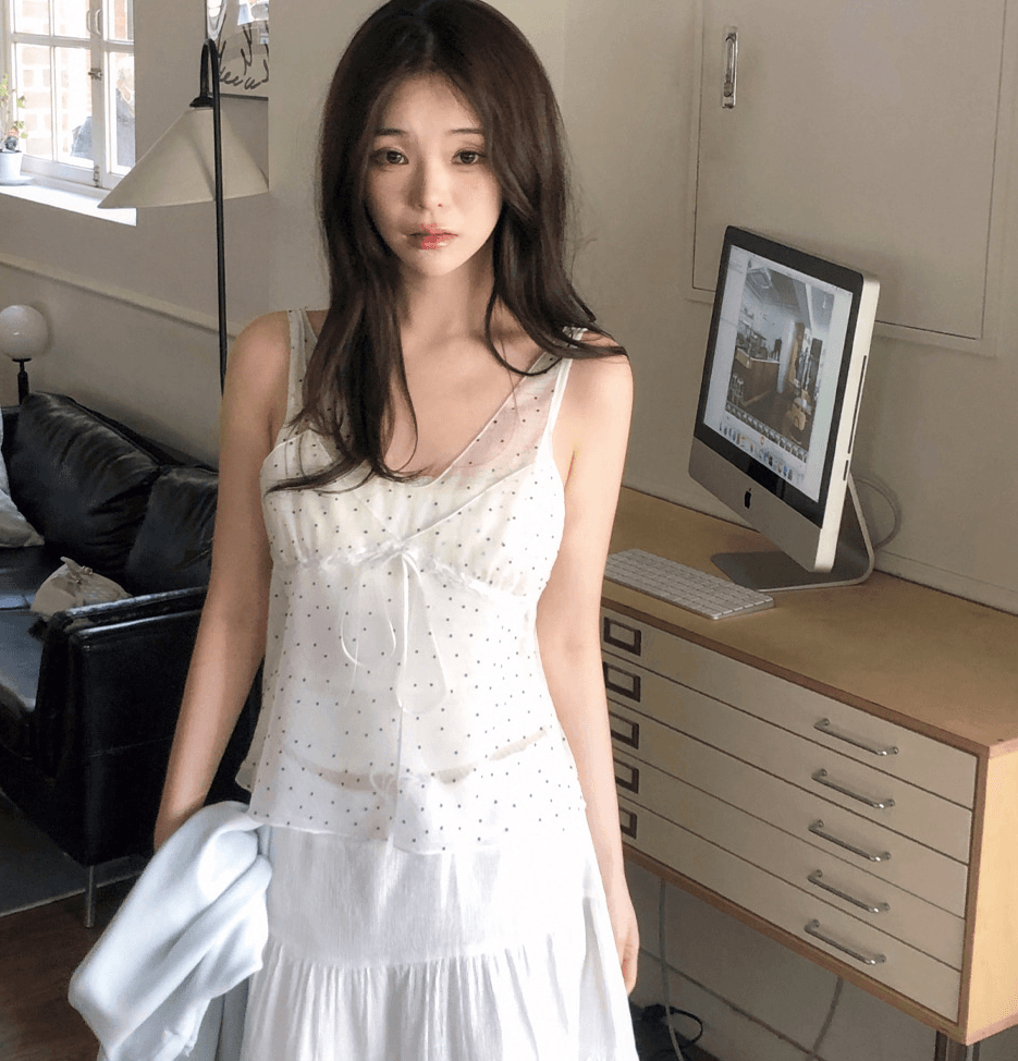 한국 여름 패치워크 디자인 센스 망사 도트 무늬 레이스업 조끼 여성 ins 한 부서 얇은 스타일 시스루 슬립 맨위 상세 이미지 4