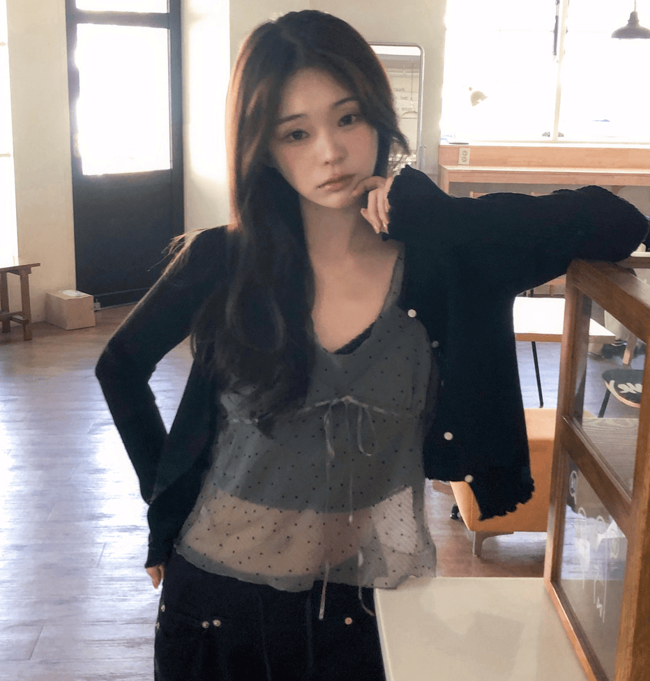 한국 여름 패치워크 디자인 센스 망사 도트 무늬 레이스업 조끼 여성 ins 한 부서 얇은 스타일 시스루 슬립 맨위 상세 이미지 18