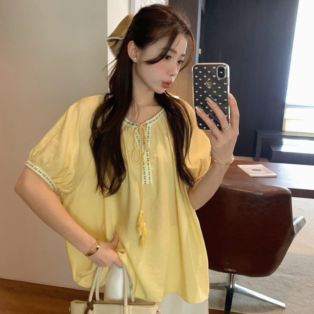한국 민족 스타일 자수 자카드 레이스업 디자인 센스 반팔 여름 문예 레트로 루즈핏 슬림해 보이는 맨위 여성 셔츠 이미지 5