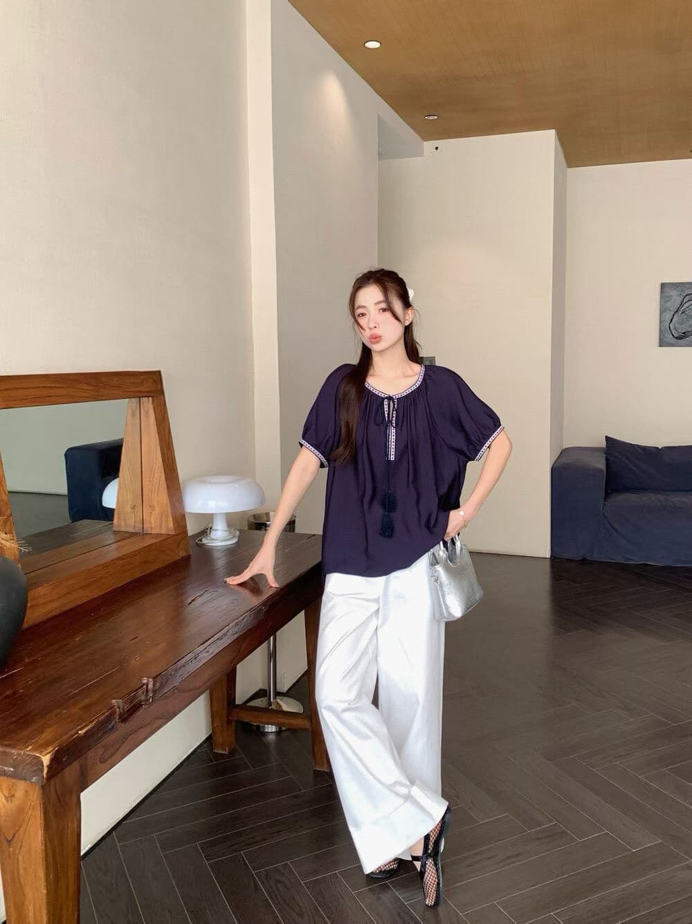 한국 민족 스타일 자수 자카드 레이스업 디자인 센스 반팔 여름 문예 레트로 루즈핏 슬림해 보이는 맨위 여성 셔츠 상세 이미지 2