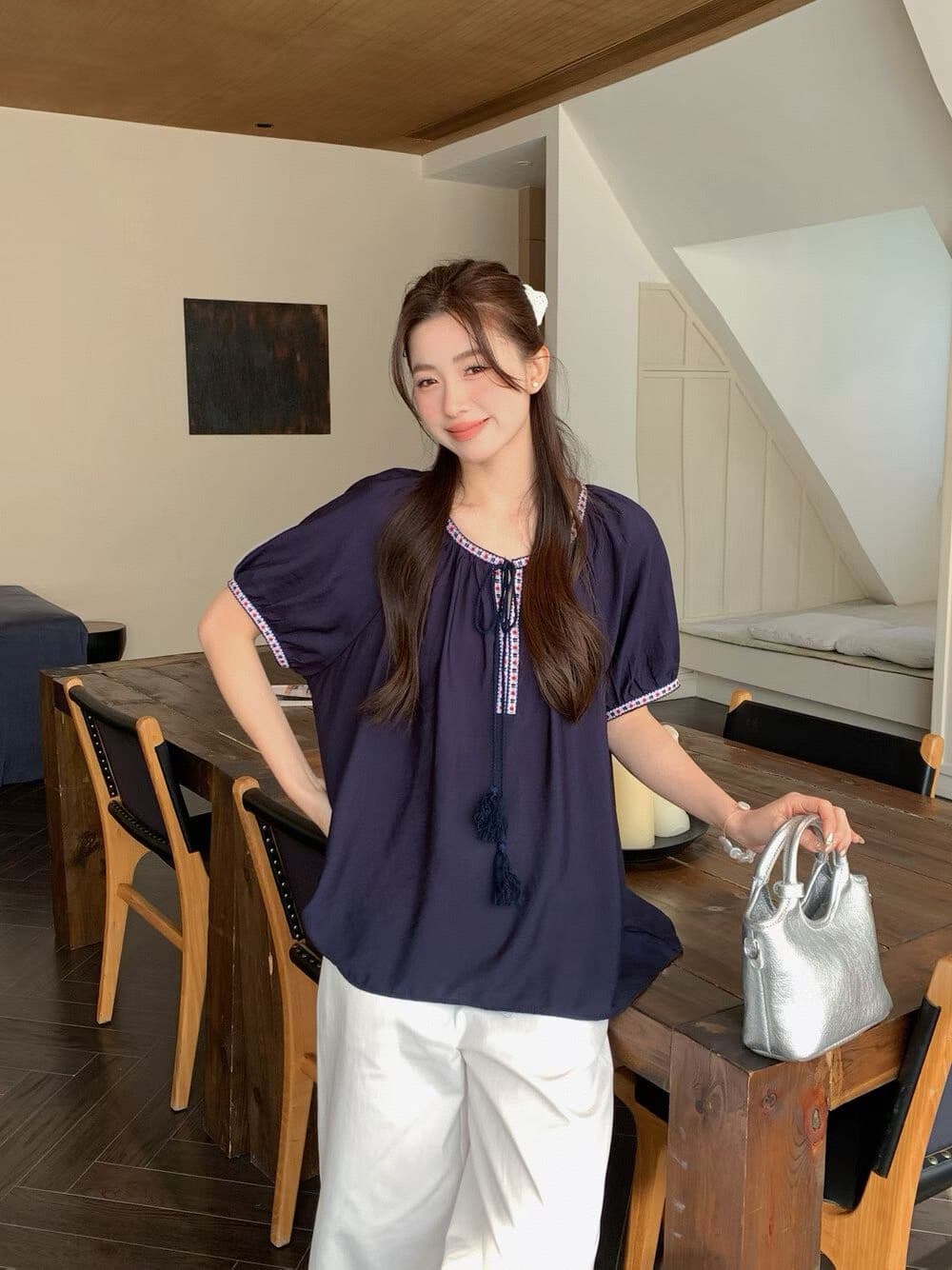 한국 민족 스타일 자수 자카드 레이스업 디자인 센스 반팔 여름 문예 레트로 루즈핏 슬림해 보이는 맨위 여성 셔츠 상세 이미지 3