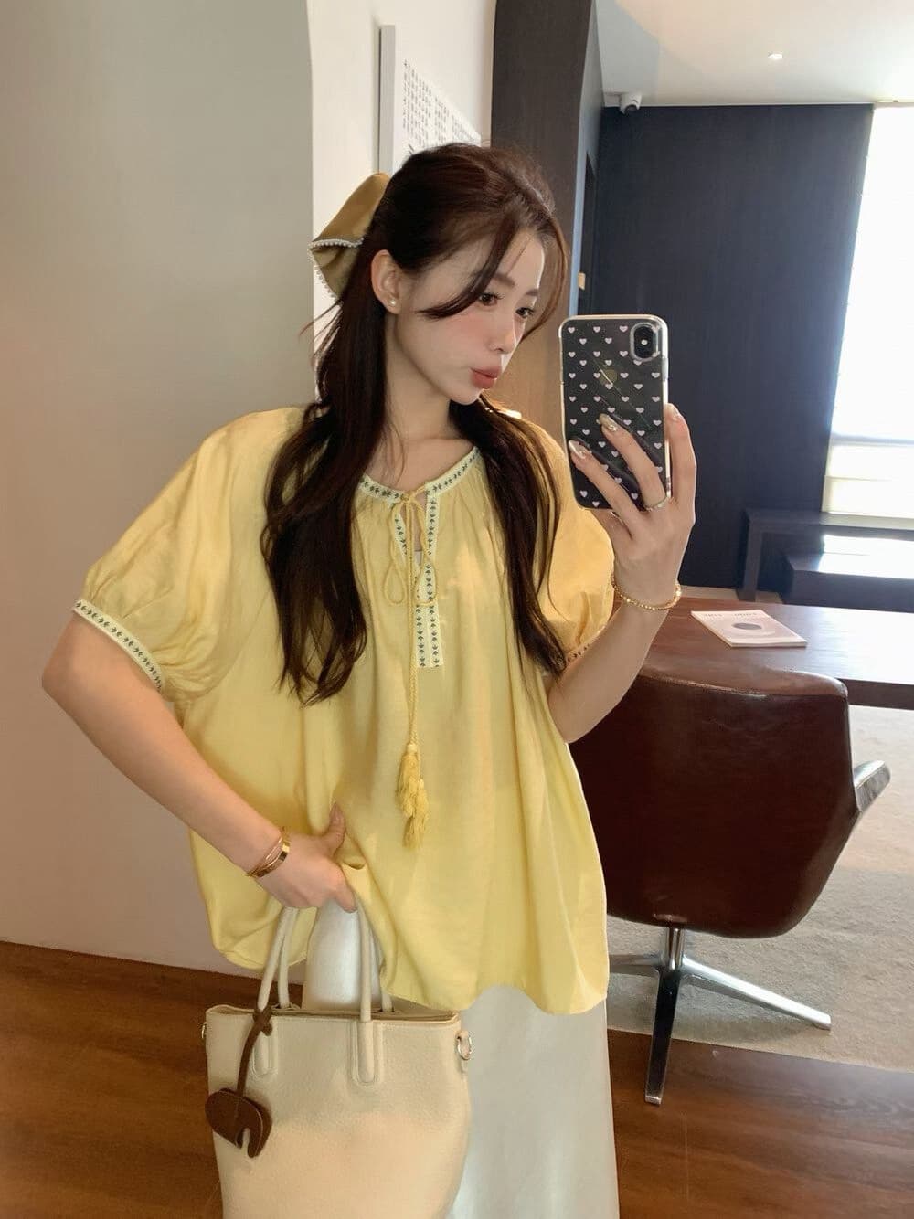 한국 민족 스타일 자수 자카드 레이스업 디자인 센스 반팔 여름 문예 레트로 루즈핏 슬림해 보이는 맨위 여성 셔츠 상세 이미지 6