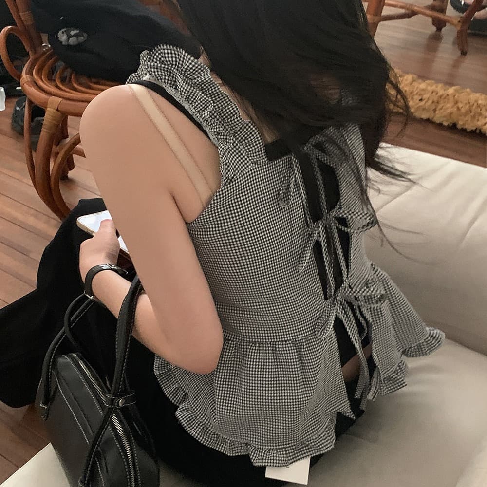여름 새로운 한국 스타일 좋은 체크무늬 레이스업 프릴 슬립 전후 둘 착용 루즈핏 조끼 여성 이미지 4