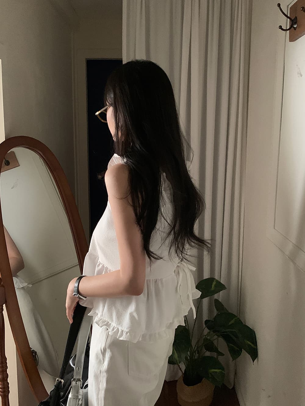 여름 새로운 한국 스타일 좋은 체크무늬 레이스업 프릴 슬립 전후 둘 착용 루즈핏 조끼 여성 상세 이미지 3