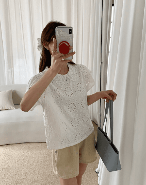 여름 한국 스타일 새로운 무거운 작업 자수 민족 스타일 홀로우 아웃 칼라 이중층 노출 방지 스택 소매 반팔 셔츠 여성 상세 이미지 13