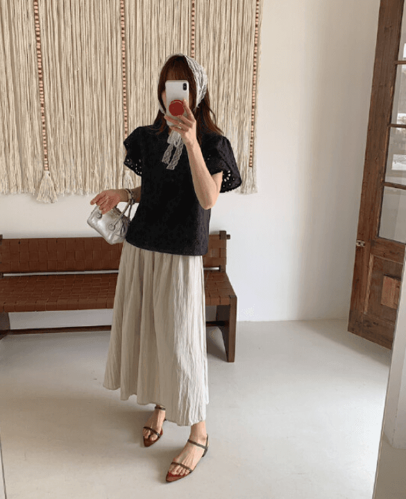 여름 한국 스타일 새로운 무거운 작업 자수 민족 스타일 홀로우 아웃 칼라 이중층 노출 방지 스택 소매 반팔 셔츠 여성 상세 이미지 18