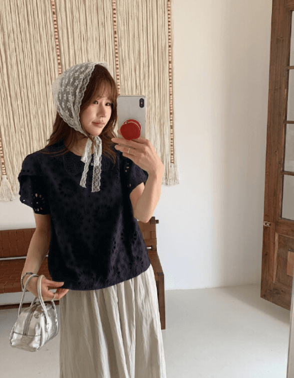 여름 한국 스타일 새로운 무거운 작업 자수 민족 스타일 홀로우 아웃 칼라 이중층 노출 방지 스택 소매 반팔 셔츠 여성 상세 이미지 21