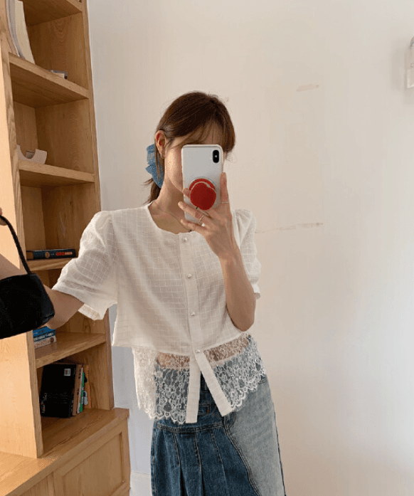 여름 한국 스타일 디자인 센스 레이스 밑단 패치워크 진주 버클 레이스업 허리 수축 체크무늬 거품 소매 반팔 셔츠 여성 상세 이미지 11