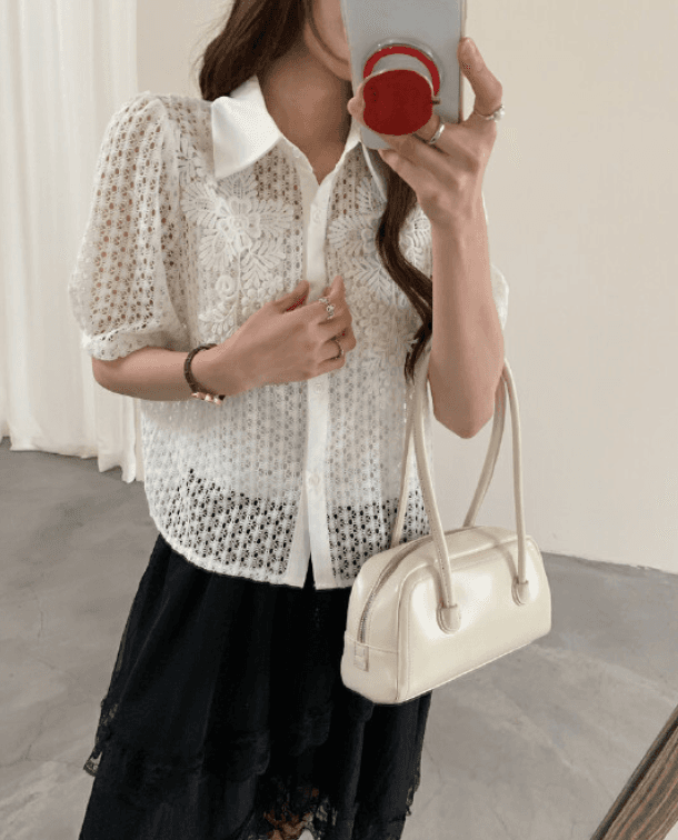 여름 한국 스타일 패션 홀로우 아웃 자수 자수 패치워크 반팔 셔츠 여성 상세 이미지 18
