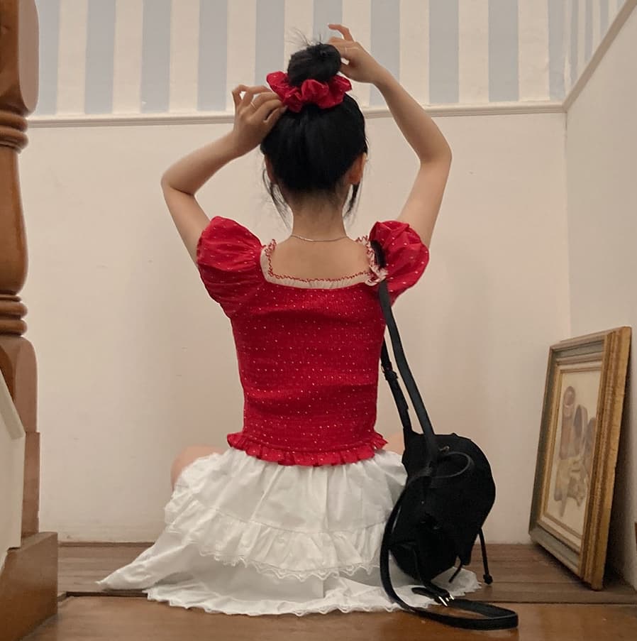 여름 프랑스식 달콤함 거품 소매 도트 무늬 레이스업 여성 셔츠 레이스 레이스 반팔 허리 수축 맨위 배당 서클 상세 이미지 8