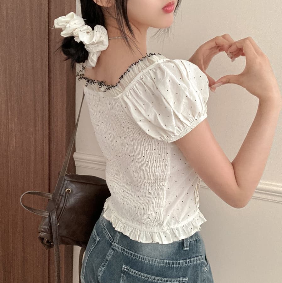 여름 프랑스식 달콤함 거품 소매 도트 무늬 레이스업 여성 셔츠 레이스 레이스 반팔 허리 수축 맨위 배당 서클 상세 이미지 22