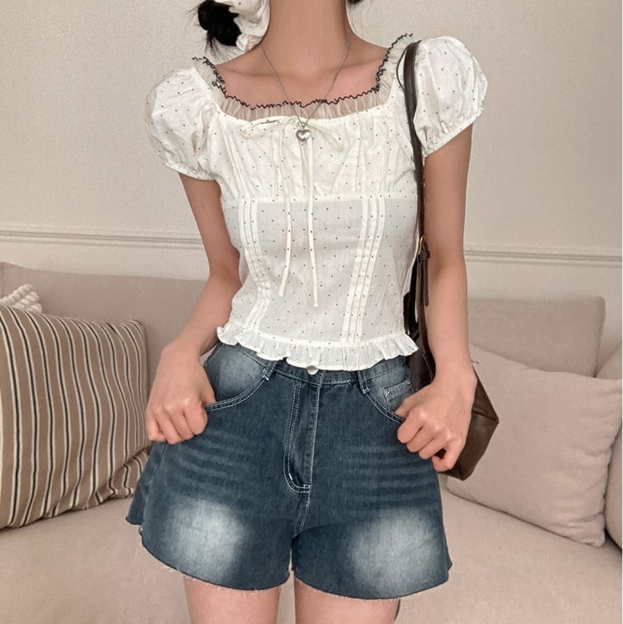 여름 프랑스식 달콤함 거품 소매 도트 무늬 레이스업 여성 셔츠 레이스 레이스 반팔 허리 수축 맨위 배당 서클 상세 이미지 23