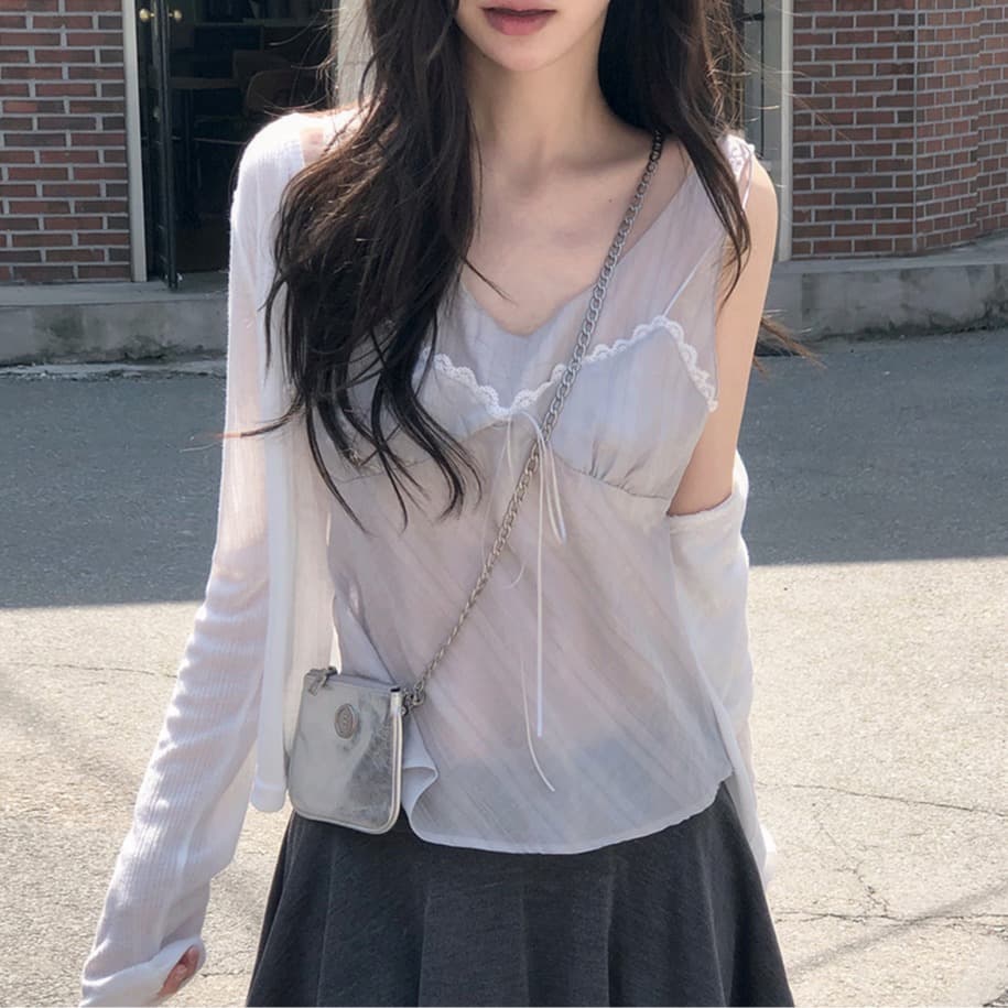한국 동대문 여름 새로운 레이스 레이스 레이스업 주름 질감 슬립 외출용 페이크 레이어드 조끼 맨위 여성 이미지 3