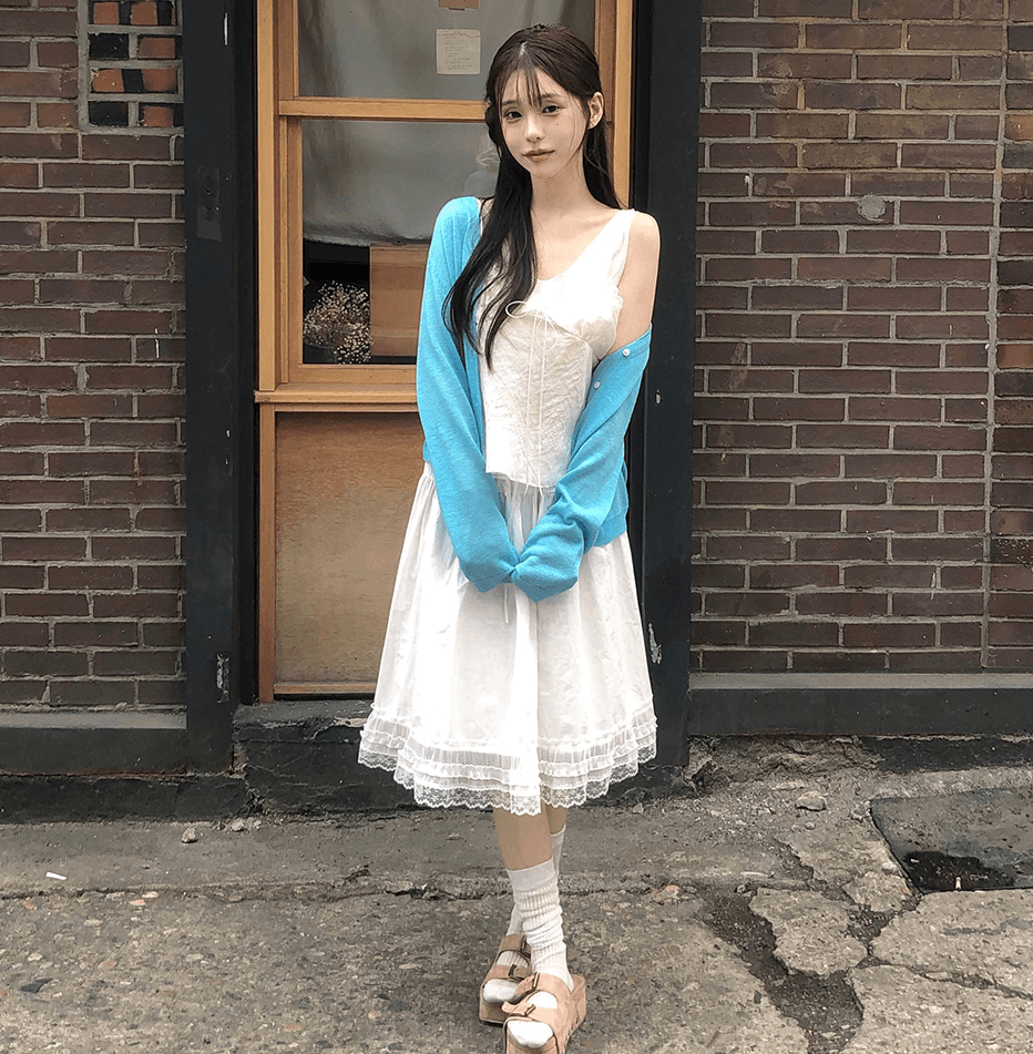 한국 동대문 여름 새로운 레이스 레이스 레이스업 주름 질감 슬립 외출용 페이크 레이어드 조끼 맨위 여성 상세 이미지 10