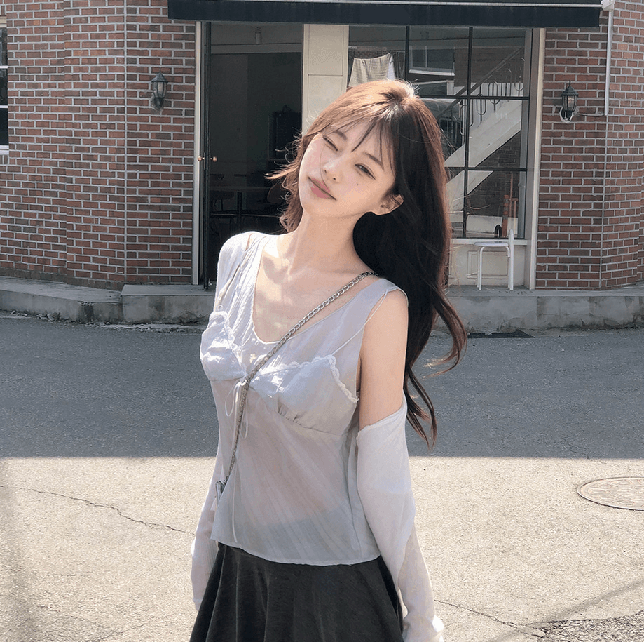 한국 동대문 여름 새로운 레이스 레이스 레이스업 주름 질감 슬립 외출용 페이크 레이어드 조끼 맨위 여성 상세 이미지 16