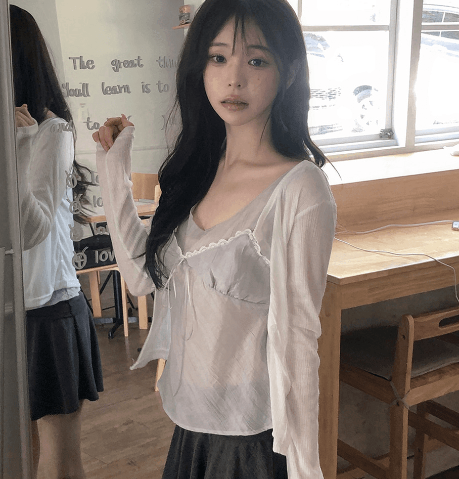 한국 동대문 여름 새로운 레이스 레이스 레이스업 주름 질감 슬립 외출용 페이크 레이어드 조끼 맨위 여성 상세 이미지 27