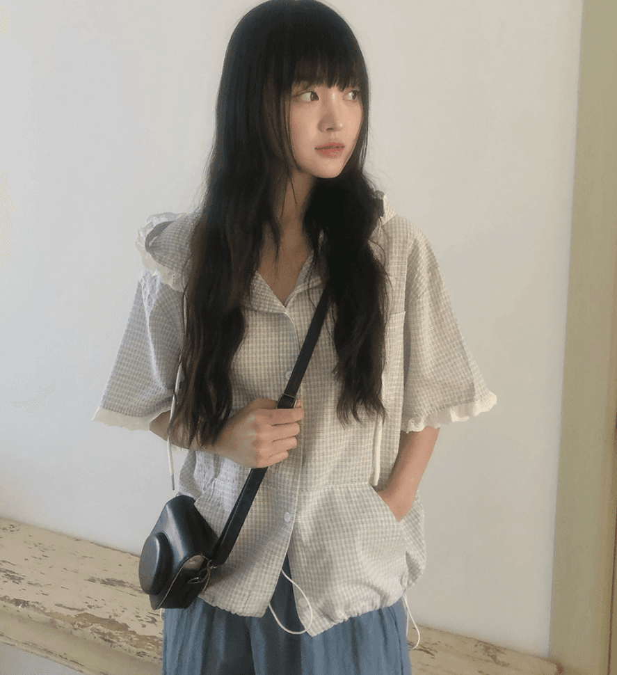 여름 한국 스타일 다용도 체크무늬 레이스 레이스 패치워크 연령 감소 후드 싱글 줄 버튼 반팔 펌프 로프 루즈핏 셔츠 여성 상세 이미지 19