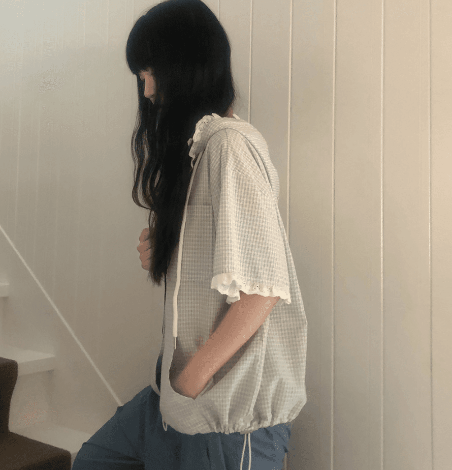 여름 한국 스타일 다용도 체크무늬 레이스 레이스 패치워크 연령 감소 후드 싱글 줄 버튼 반팔 펌프 로프 루즈핏 셔츠 여성 상세 이미지 20
