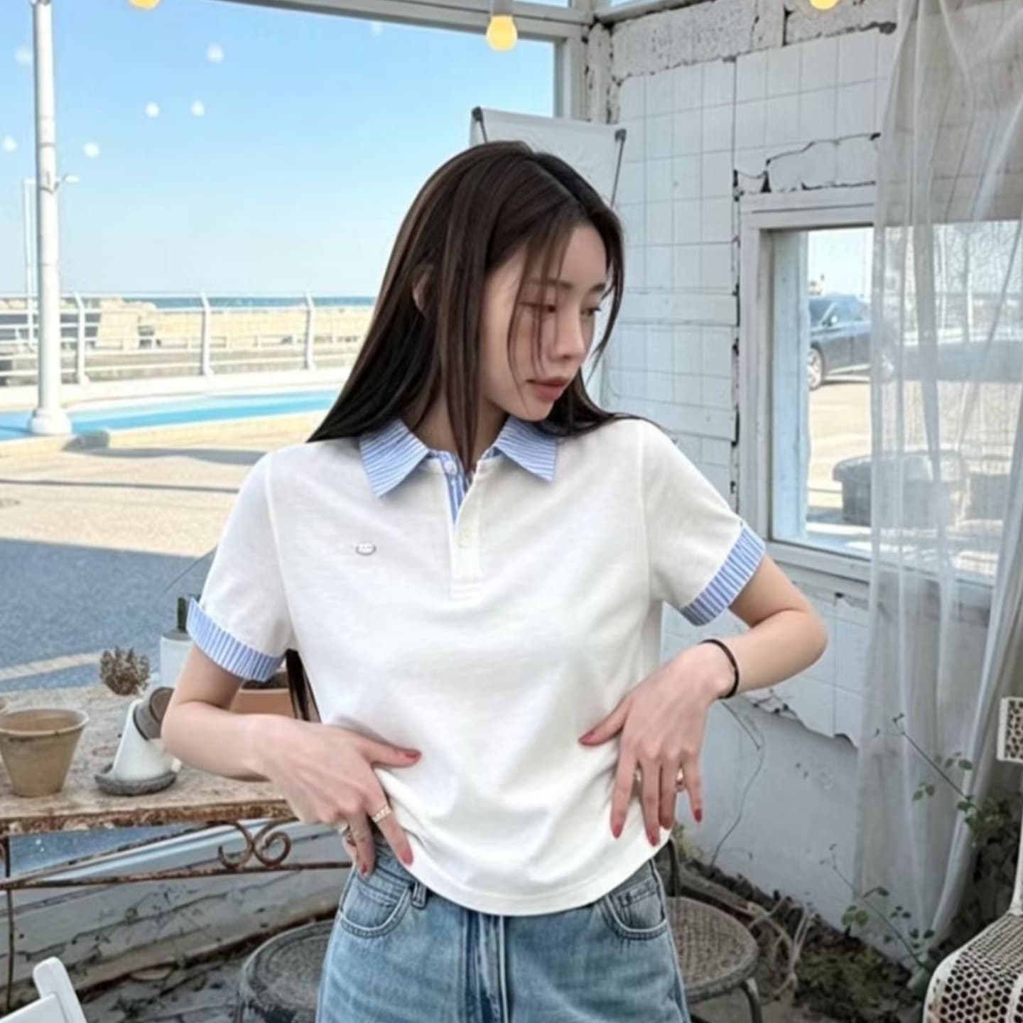 여름 한국 스타일 디자인 센스 작은 대중 레트로 배색 패치워크 스트라이프 폴로 칼라 니트 페이크 레이어드 반팔 니트 스웨터 여성 이미지 3