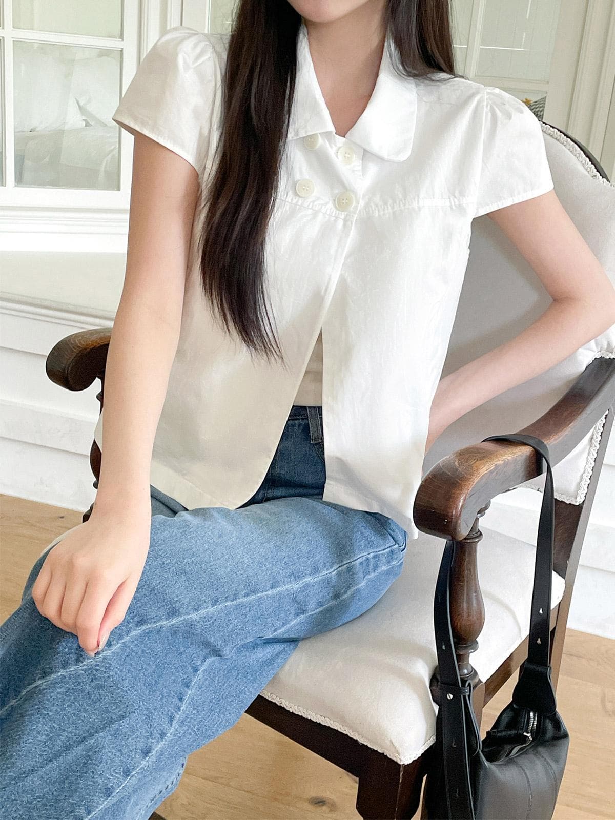 여름 일본식 소녀 센스 네 단추 레트로 베이비 칼라 캐주얼 반팔 셔츠 맨위 여성 상세 이미지 5