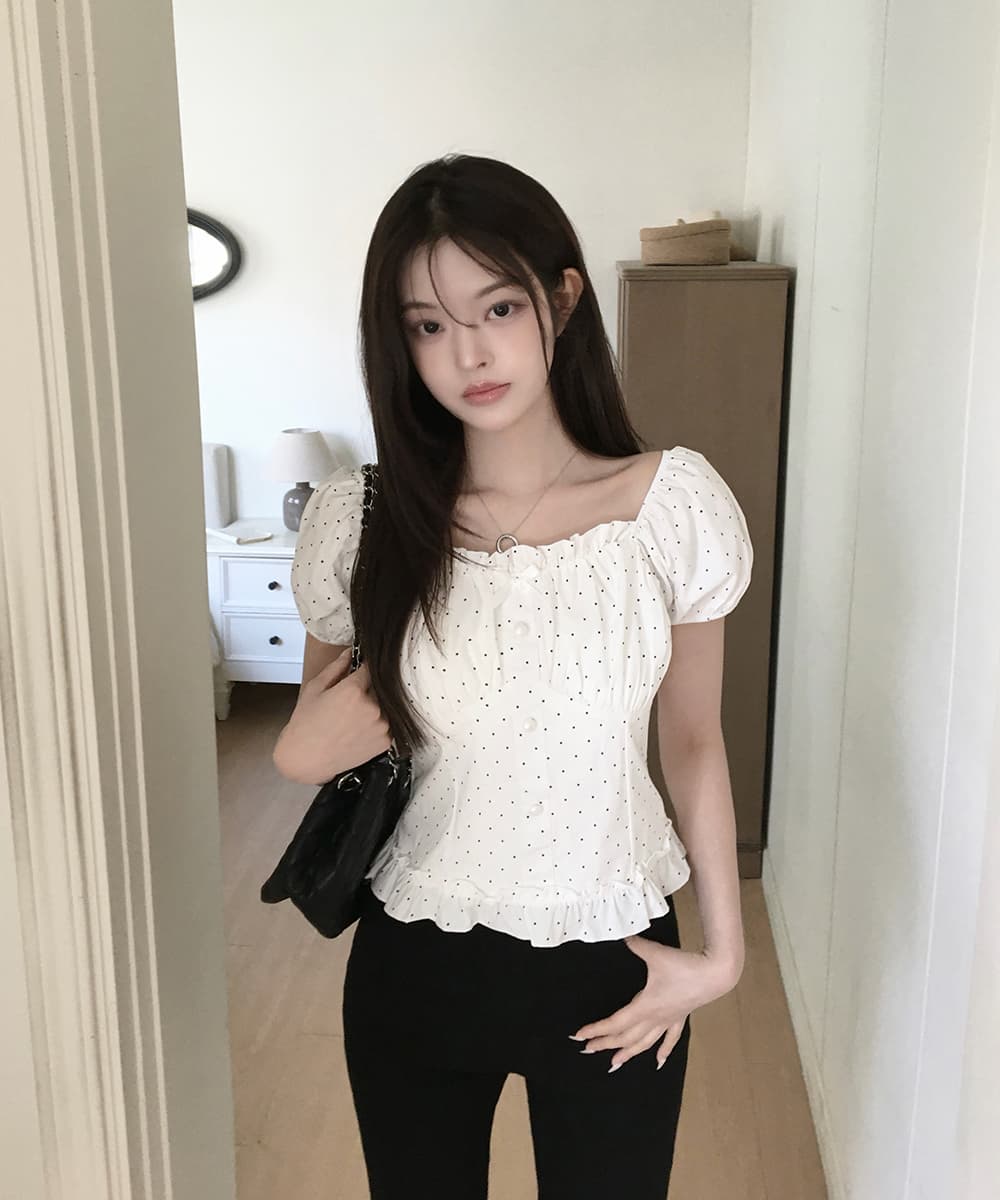 여름 새로운 보트넥 나비 매듭 연령 감소 몸매 가꾸기 슬림해 보이는 프랑스식 달콤한 스타일 도트 무늬 거품 소매 여성 셔츠 상세 이미지 8