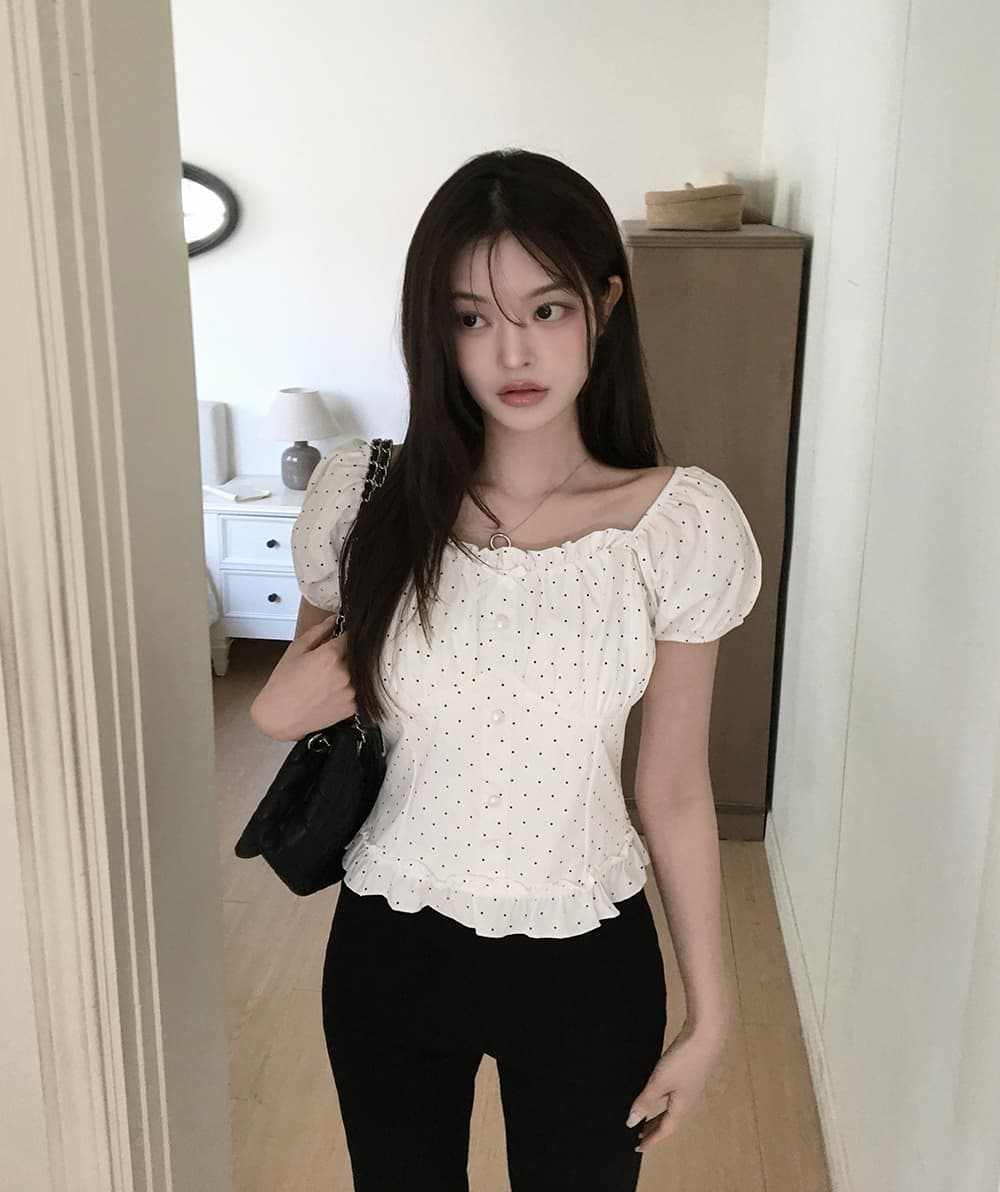 여름 새로운 보트넥 나비 매듭 연령 감소 몸매 가꾸기 슬림해 보이는 프랑스식 달콤한 스타일 도트 무늬 거품 소매 여성 셔츠 상세 이미지 9