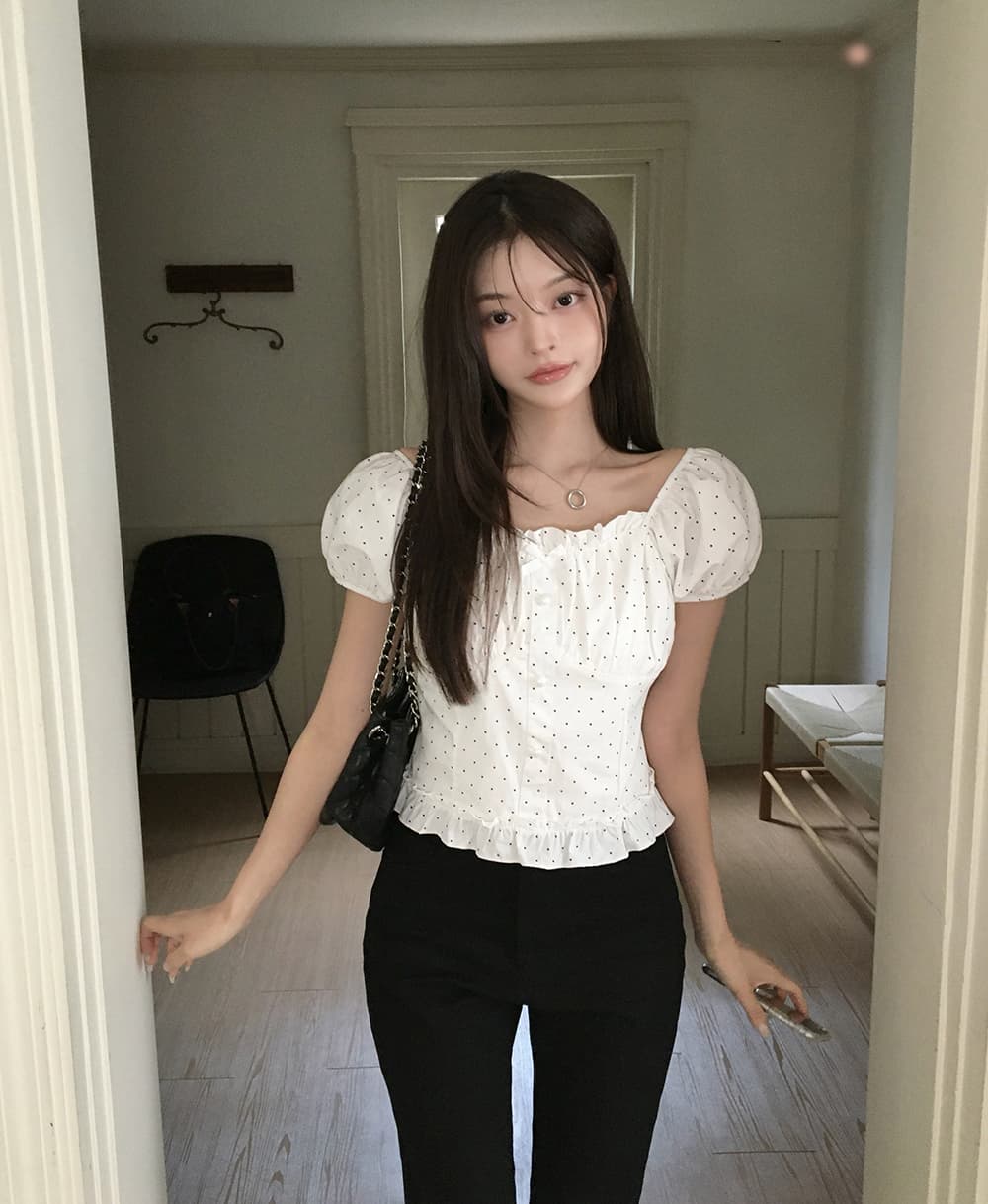 여름 새로운 보트넥 나비 매듭 연령 감소 몸매 가꾸기 슬림해 보이는 프랑스식 달콤한 스타일 도트 무늬 거품 소매 여성 셔츠 상세 이미지 11