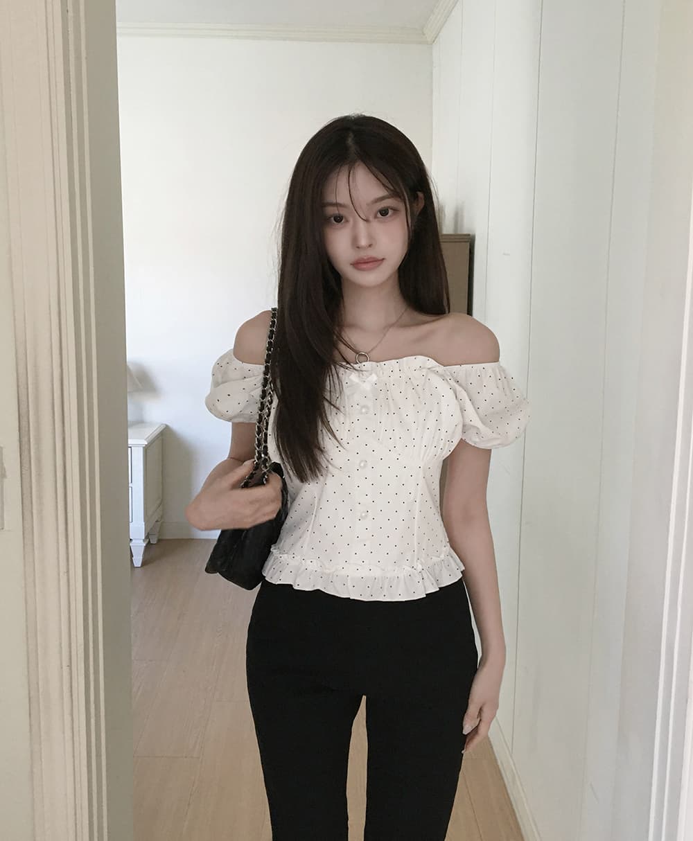 여름 새로운 보트넥 나비 매듭 연령 감소 몸매 가꾸기 슬림해 보이는 프랑스식 달콤한 스타일 도트 무늬 거품 소매 여성 셔츠 상세 이미지 16
