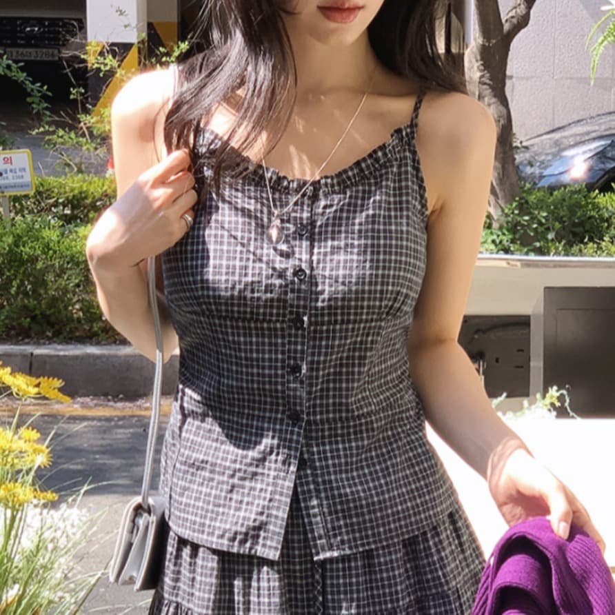 여름 새로운 한국 스타일 레트로 스타일 체크무늬 뒤로 부서 버클 캐미솔 다용도 허리 수축 스택 착용 외출용 맨위 이미지 2