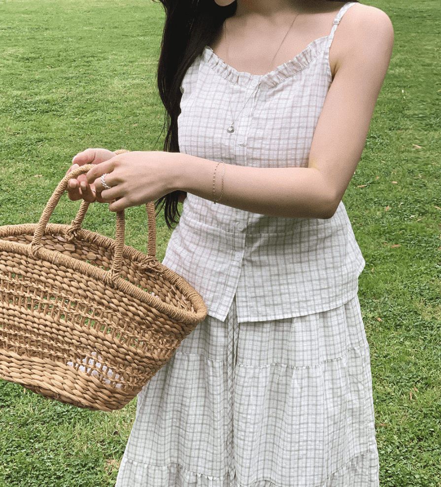 여름 새로운 한국 스타일 레트로 스타일 체크무늬 뒤로 부서 버클 캐미솔 다용도 허리 수축 스택 착용 외출용 맨위 상세 이미지 16