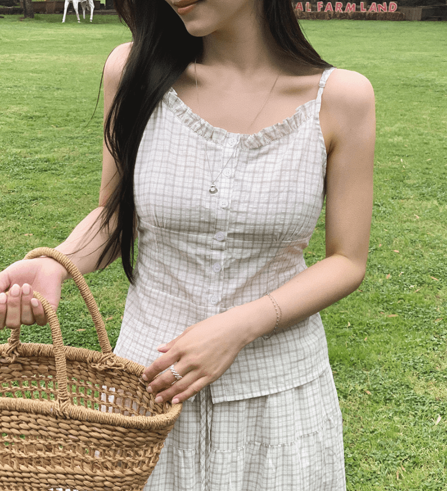 여름 새로운 한국 스타일 레트로 스타일 체크무늬 뒤로 부서 버클 캐미솔 다용도 허리 수축 스택 착용 외출용 맨위 상세 이미지 17