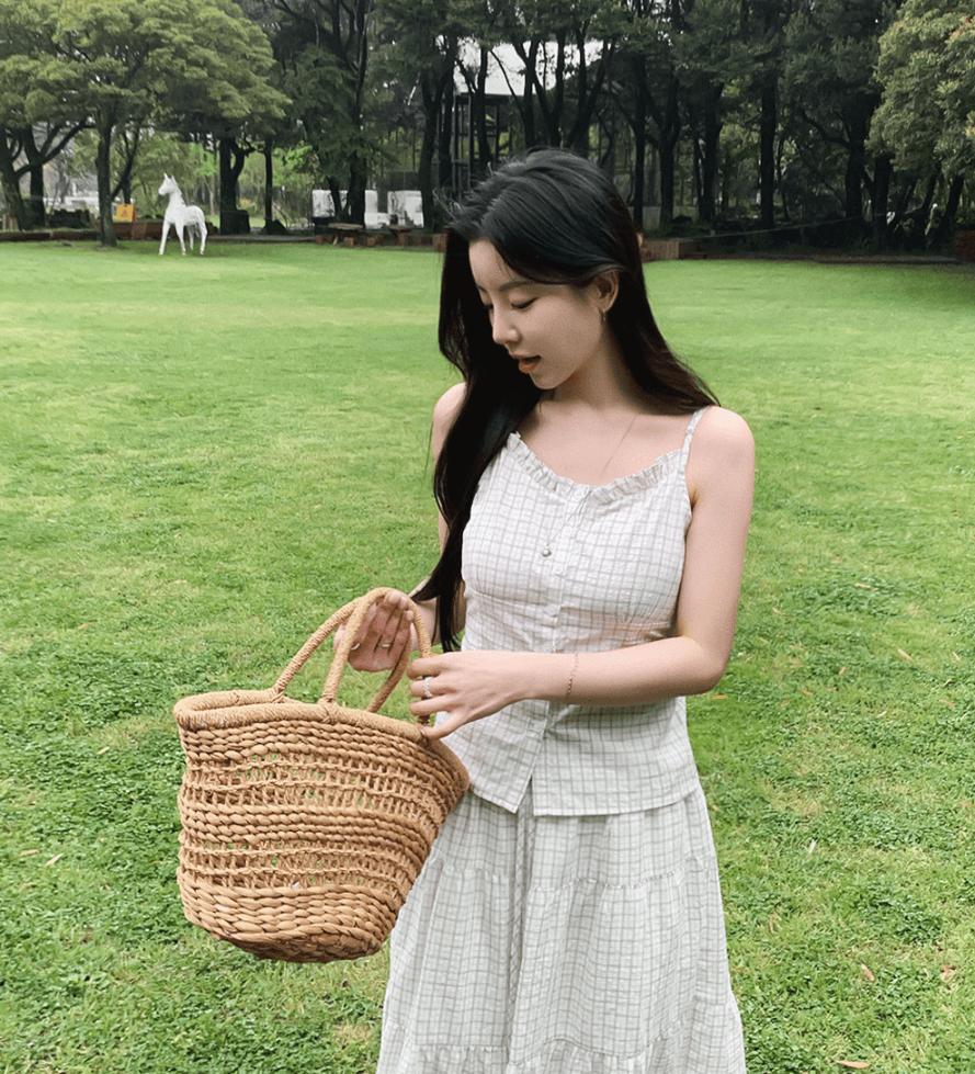 여름 새로운 한국 스타일 레트로 스타일 체크무늬 뒤로 부서 버클 캐미솔 다용도 허리 수축 스택 착용 외출용 맨위 상세 이미지 19