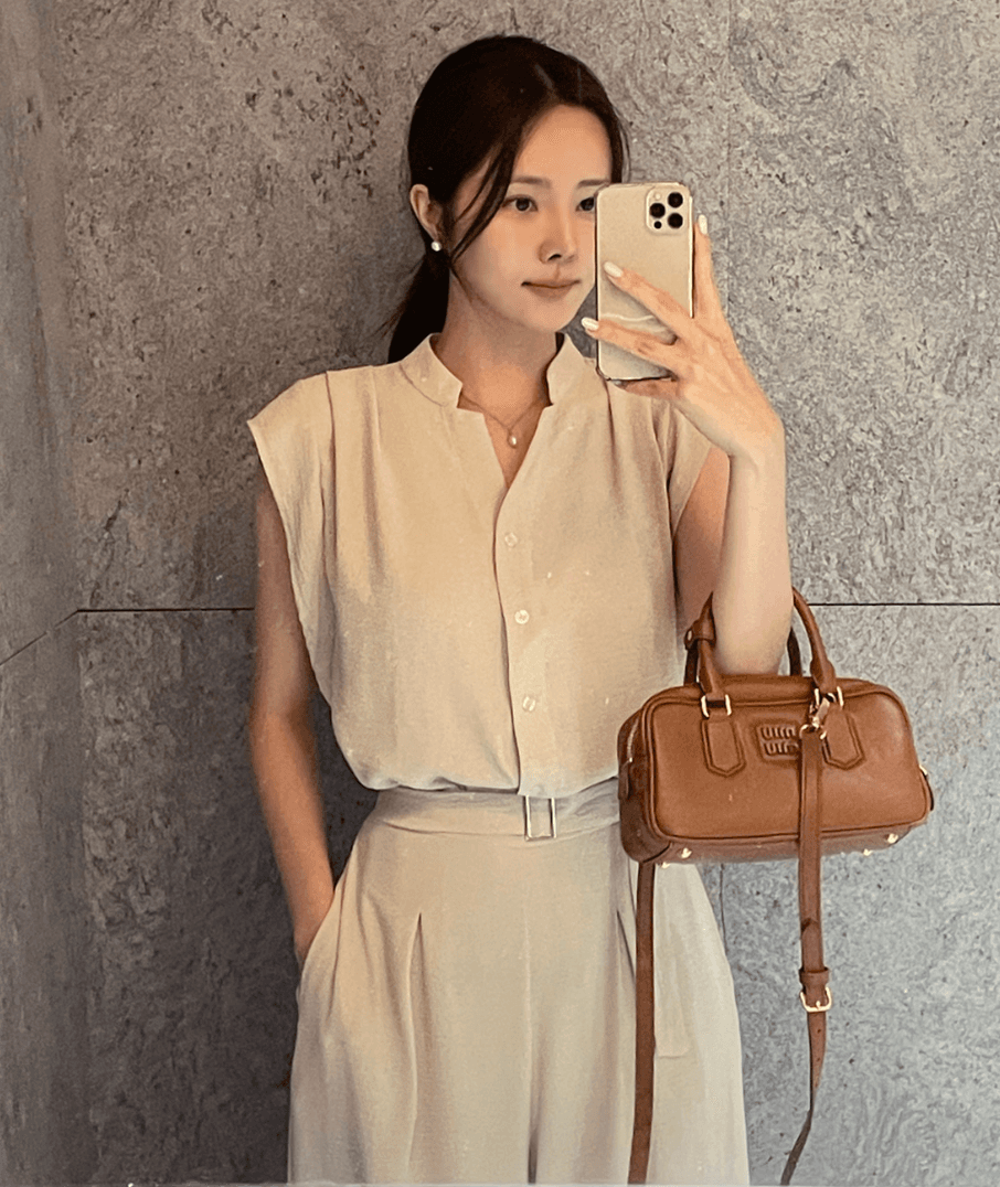여름 클래식 스탠드 칼라 민소매 캐주얼 셔츠 코디 허리밴드 표지 배 슬림해 보이는 와이드 레그 팬츠 스플릿 유형 투피스 세트 상세 이미지 4