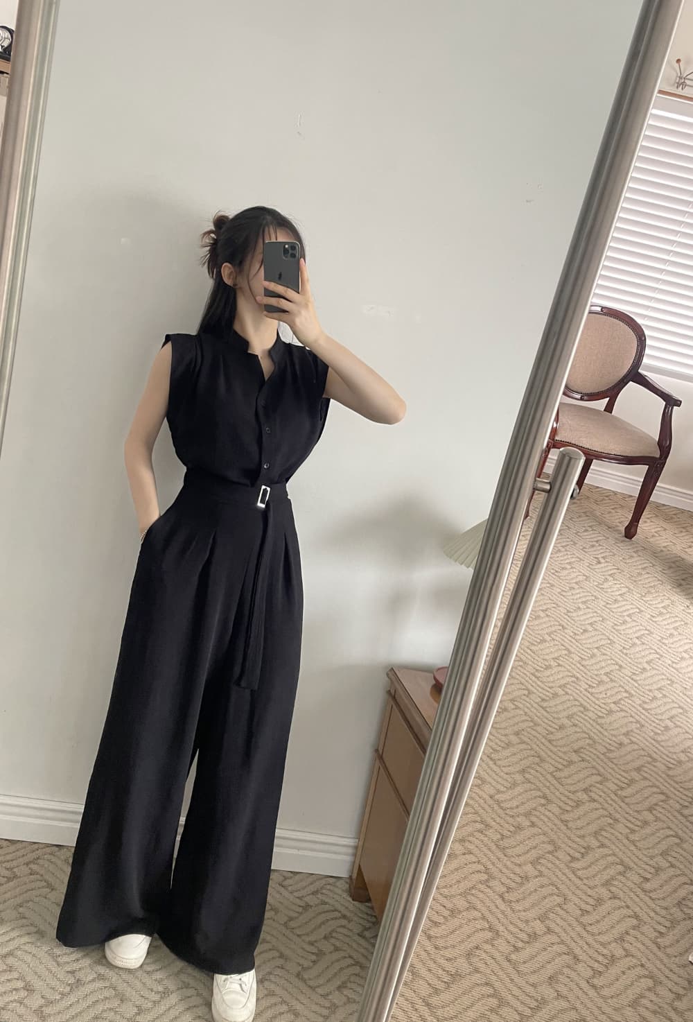 여름 클래식 스탠드 칼라 민소매 캐주얼 셔츠 코디 허리밴드 표지 배 슬림해 보이는 와이드 레그 팬츠 스플릿 유형 투피스 세트 상세 이미지 29