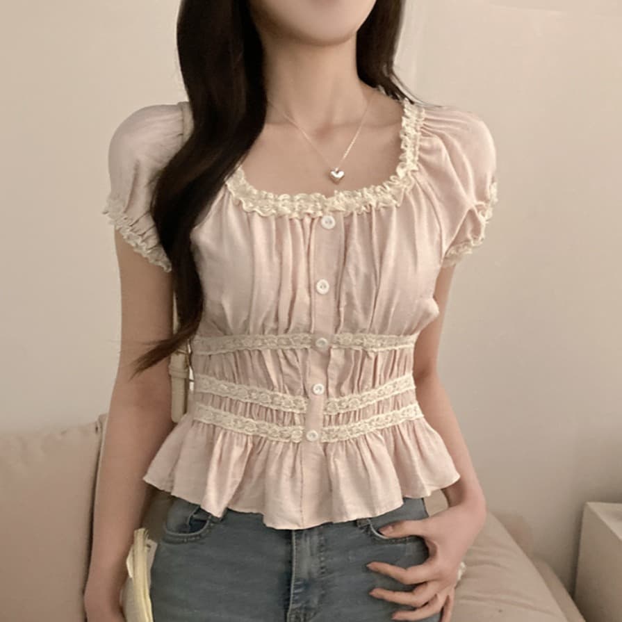 여름 한국 프랑스식 연인 광장 칼라 오프숄더 레이스 레이스 반팔 셔츠 달콤함 부드러운 맨위 여성