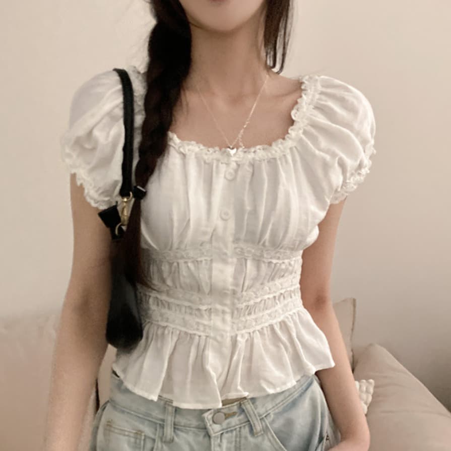 여름 한국 프랑스식 연인 광장 칼라 오프숄더 레이스 레이스 반팔 셔츠 달콤함 부드러운 맨위 여성 이미지 2