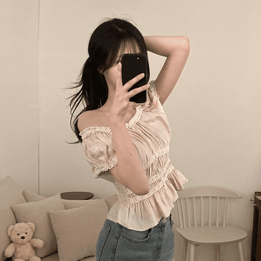 여름 한국 프랑스식 연인 광장 칼라 오프숄더 레이스 레이스 반팔 셔츠 달콤함 부드러운 맨위 여성 상세 이미지 10